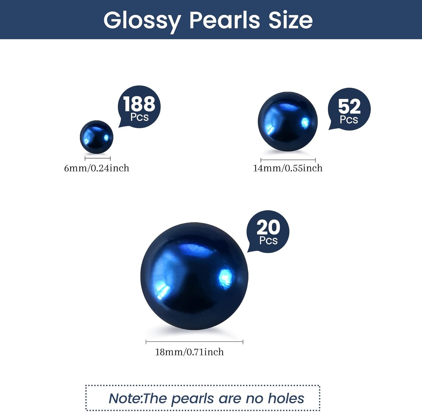 260Pcs Navy Blue Glossy Beads for Centerpiece Decor, Artifical Pearls Vase Filler, No Hole Round Pearl Beads for Wedding Birthday Christmas Party Home Decor(18mm 14mm 6mm)