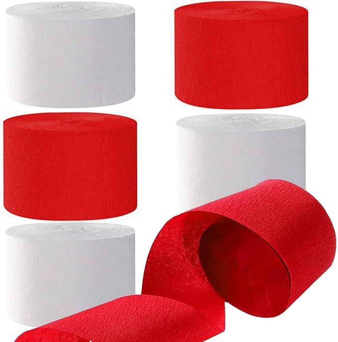 We Moment White and Red Crepe Paper Streamers Party Streamer 1.8 Inch Widening 6 Rolls,red and White Party Decorations Streamer 82 feet per roll for Birthday Wedding Party Decorations