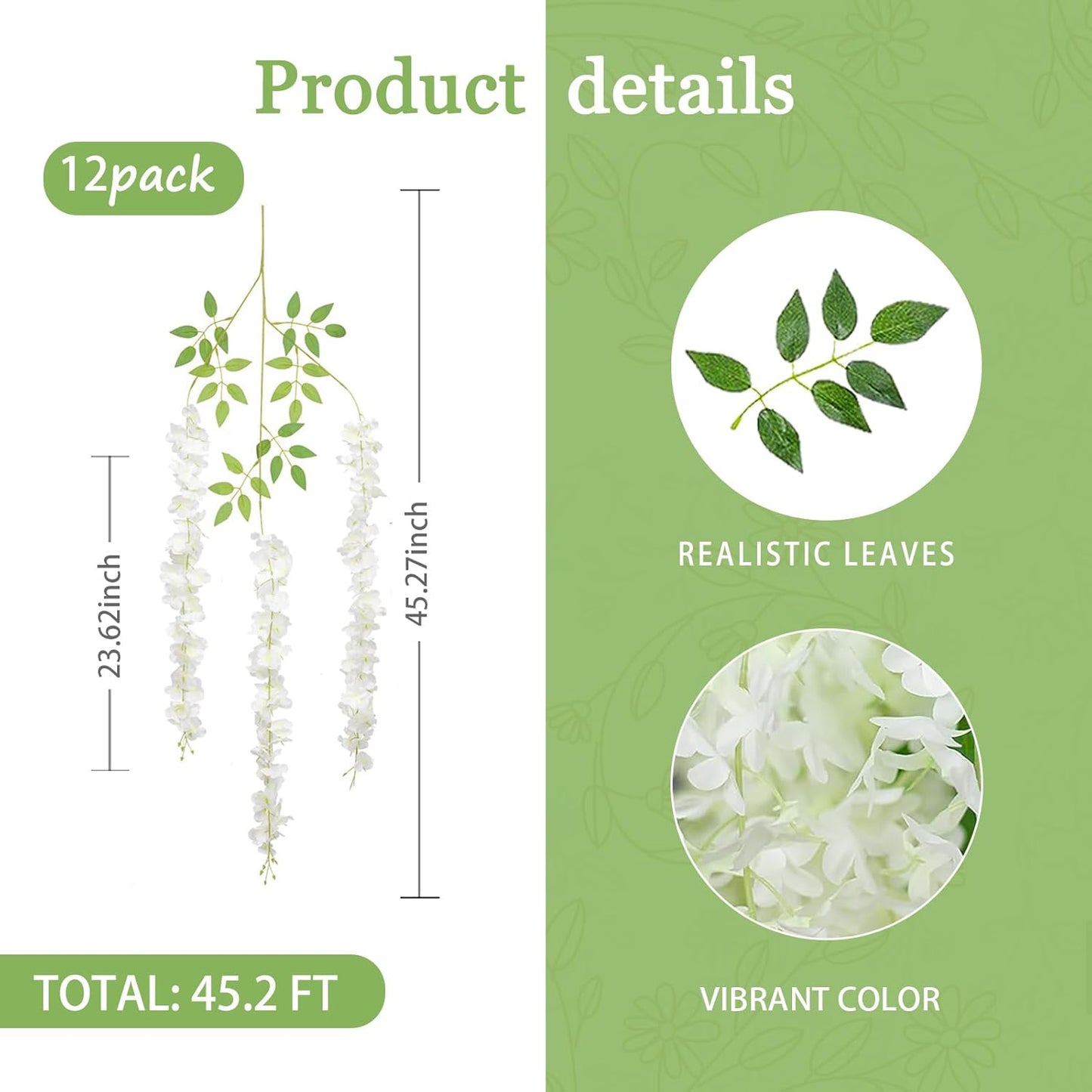 12 Pack White Green Wisteria Hanging Flowers Garland, 3.77 Feet Artificial Flower Vines, Fake Wisteria, Artificial Vines Hanging Garland for Backdrop Outdoor Yard Garden Decor