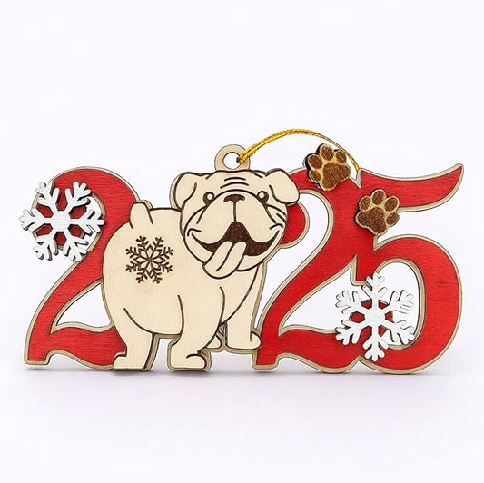English Bulldog 2025 Christmas Ornament – Cute Wooden Dog Butt Tree Decoration with Snowflakes & Paw Prints for Bulldog Lovers, Pet Owner Christmas Décor