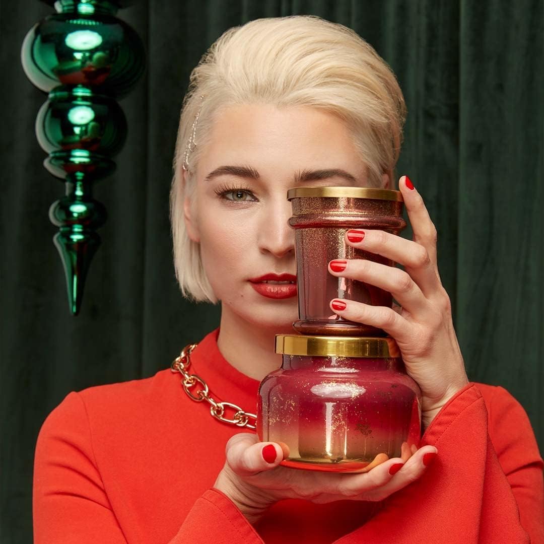 Capri Blue Glimmer Jar Candles - Luxury Holiday Scented Candles for Home - Long Lasting Soy Wax Blend - Scented Holiday & Home Decor - Tinsel & Spice Oversized Jar (28 oz)