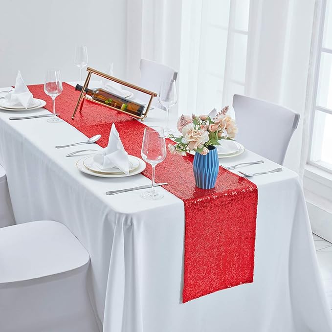 6 Packs 12 x 72 inches Red Sequin Table Runner, Glitter Runner for Birthday Party Supplies Decorations Wedding Bachelorette Holiday Celebration Bridal Shower Baby Shower