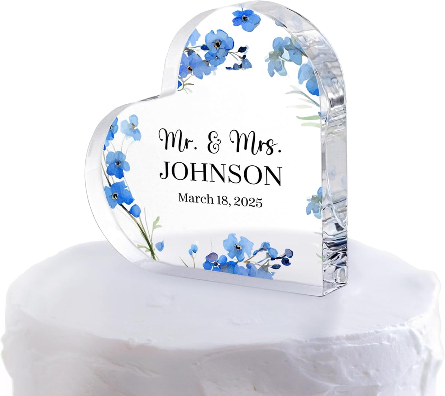 Personalized Wedding Heart Acrylic Block Mr & Mrs Cake Topper, Custom Wedding Keepsake Bride & Groom