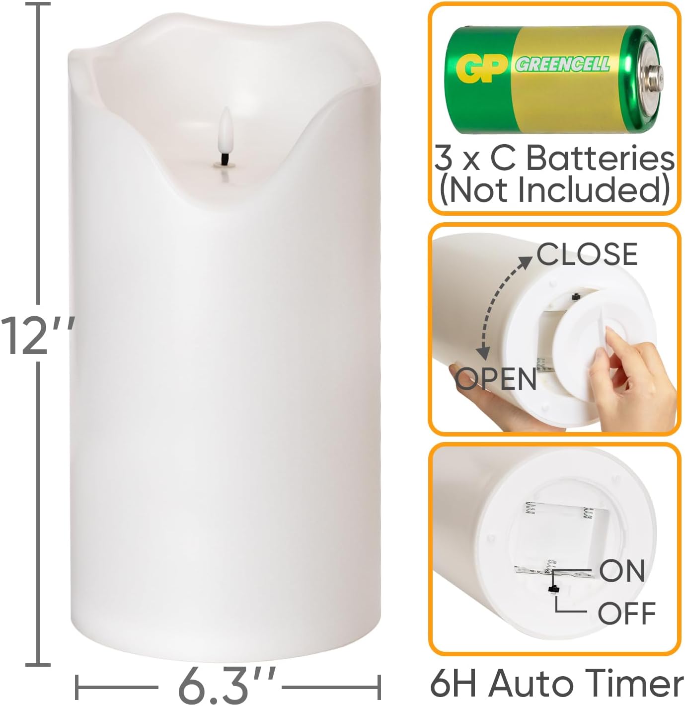 Homemory 6.3" x 12" Extra Large Outdoor Waterproof Candle with Auto 6-Hour Timer, White Plastic Made, Long Last for Months