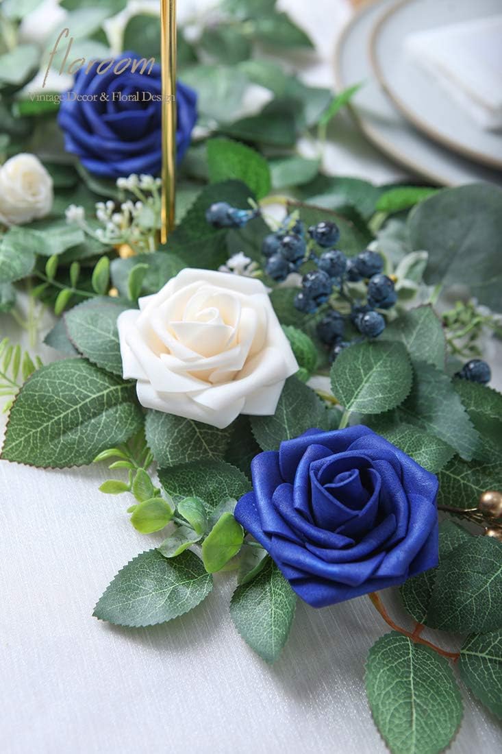 Floroom Artificial Flowers 50pcs Real Looking Royal Blue Foam Fake Roses with Stems for DIY Wedding Bouquets Bridal Shower Centerpieces Floral Arrangements Party Tables Home Decorations