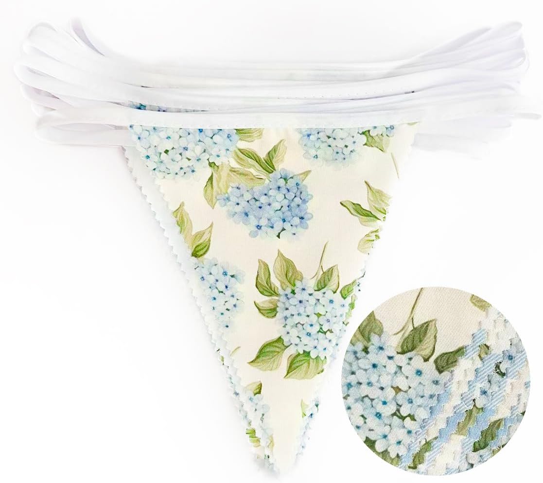 32Ft Blue Flora Party Decorations Blue Gingham HydrangeaTriangle Flag Fabric Banner Pennant Garland Streamer for Flora Birthday Vintage Flower Baby Shower Wedding Tea Party Garden Decor Supplies