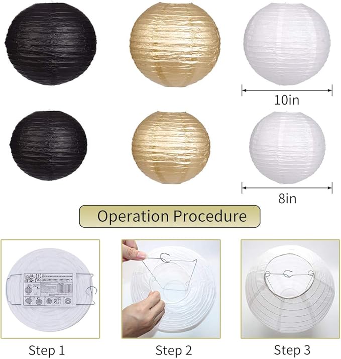 Black Gold Party Decorations, Black Gold Paper Lanterns and Pom Poms Flowers for Birthday Graduation Masquerade New Years Party Decor 15 Pieces