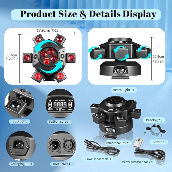 6-Arm Moving Head Light,150W Stage Lights, RGBW 4-in-1 Professional DJ Lighting with Strobe & Bee-Eye Effect, DMX512,Sound-Activated,Remote Control, 540° Rotation for Disco, Party, Club,Bar(Gen I)