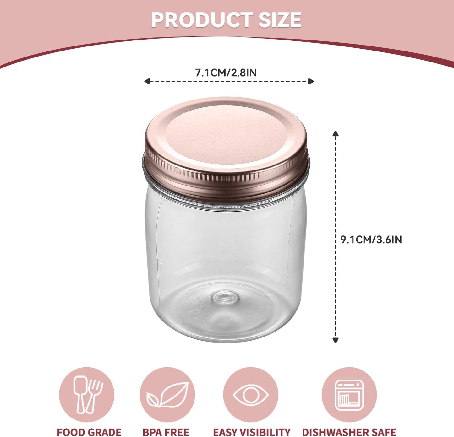 novelinks 8 oz Clear Plastic Jars with Screw-On Lids - BPA-Free Refillable Storage Containers for Slime, Spices, Crafts, Kitchen & Home Organization (48 Pack,Rose Gold)