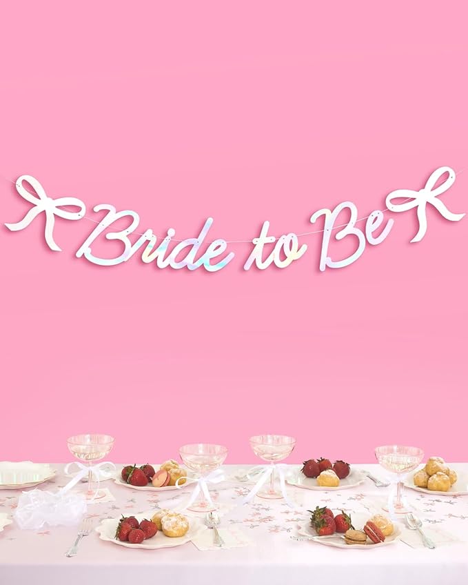 xo, Fetti Bride to Be Bow Banner Iridescent Foil + Pink Glitter , 5 Ft. | Bachelorette Party Decoration, Tying the Knot Bride Bach Decor, Bridesmaid Favor, Engagement Gift, Bridal Shower Supplies, Photobooth Backdrop