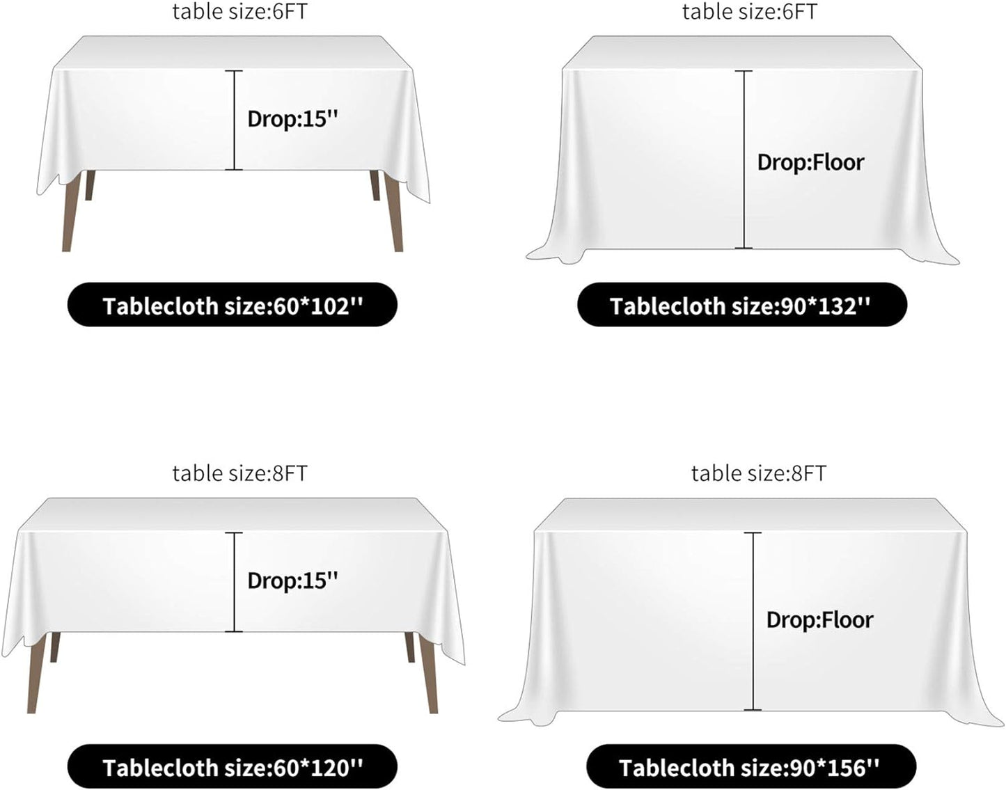 Ascoza 2pack 90x132 Inch White Rectangular Tablecloth 8 Feet Table Cloth in Polyester Fabric for Wedding/Banquet/Restaurant/Parties