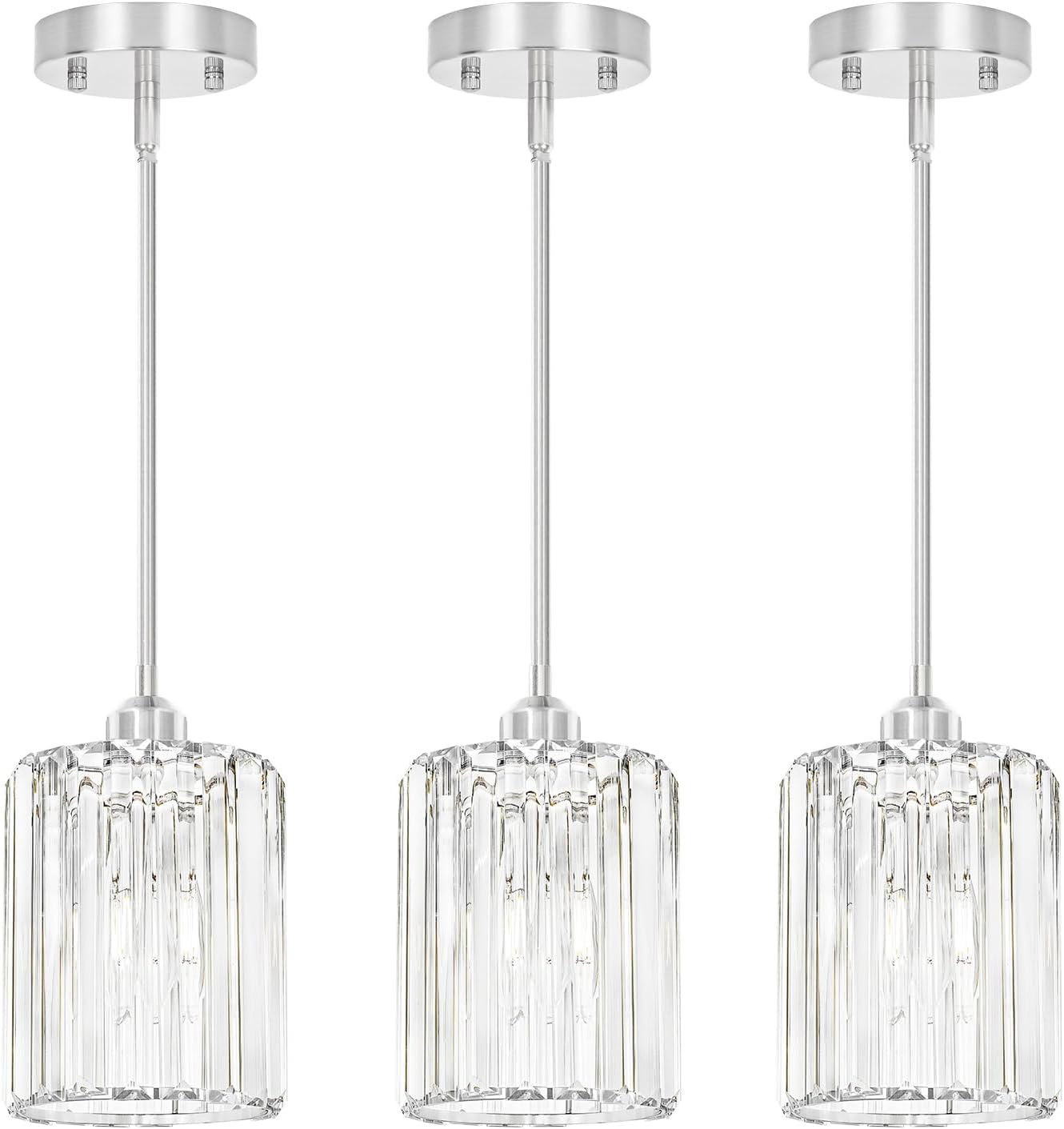 Chrome Kitchen Pendant Lights Over Island with Adjustable Rods - Crystal Pendant Lighting Fixtures 3 Pack, Ideal Over Dining Table or Bar, E26 Bulb Compatible, No Electrician Needed