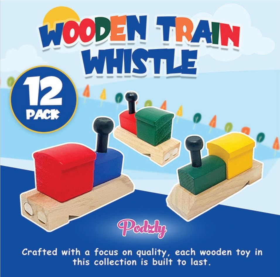 Podzly 12 Pack of Wooden Train Whistles - Fun Noise Maker Wood Toys for Kids, Montessori Toy and Party Favor for Thomas Themed Birthday Parties (1 Dozen Whistles)