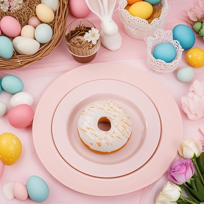 FLOWERCAT 100PCS Pink Plastic Plates - Heavy Duty Pink Party set Disposable serve for 50 guests -10 inch Dinner + 7 inch Dessert/Salad Plates for Easter,Birthday Party,Mother's Day