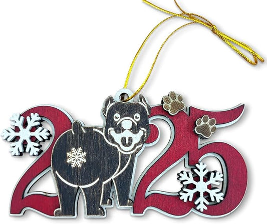 Black American Pitbull Terrier 2025 Christmas Ornament – Cute Wooden Dog Tree Decoration with Snowflakes & Paw Prints for Pitbull Lovers, Pet Owner Christmas Décor
