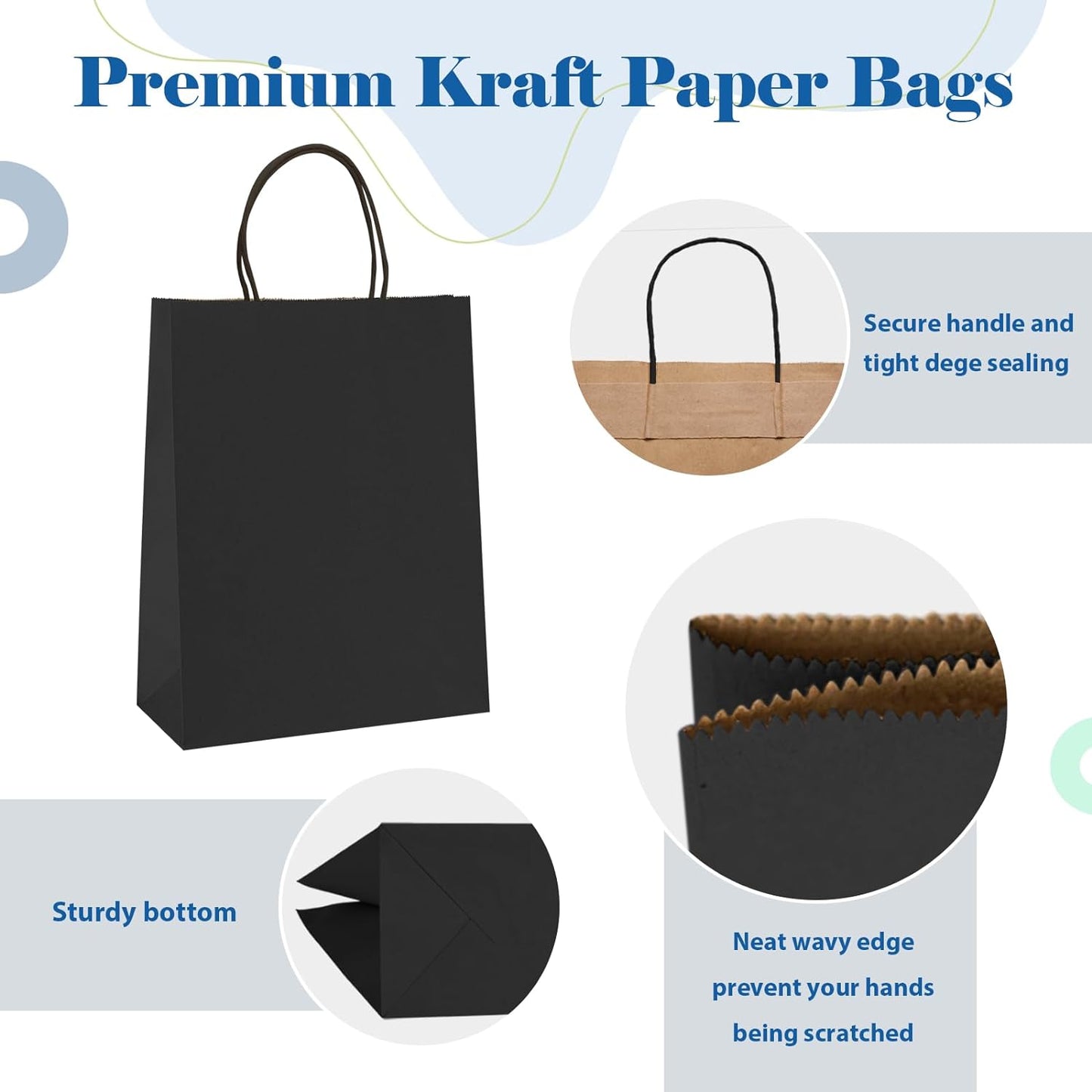 GSSUSA 100 Pack, 8x4.25x10 Black Paper Gift Bags with Handles Bulk for Small Businesses, Grocery & Retail, Birthday Parties, Crafts