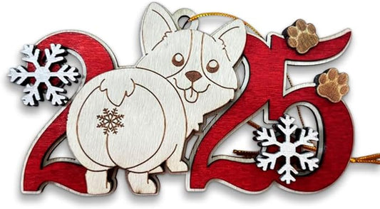 Corgi 2025 Christmas Ornament – Cute Wooden Dog Tree Decoration with Snowflakes & Paw Prints for Corgi Lovers, Pet Owner Christmas Décor