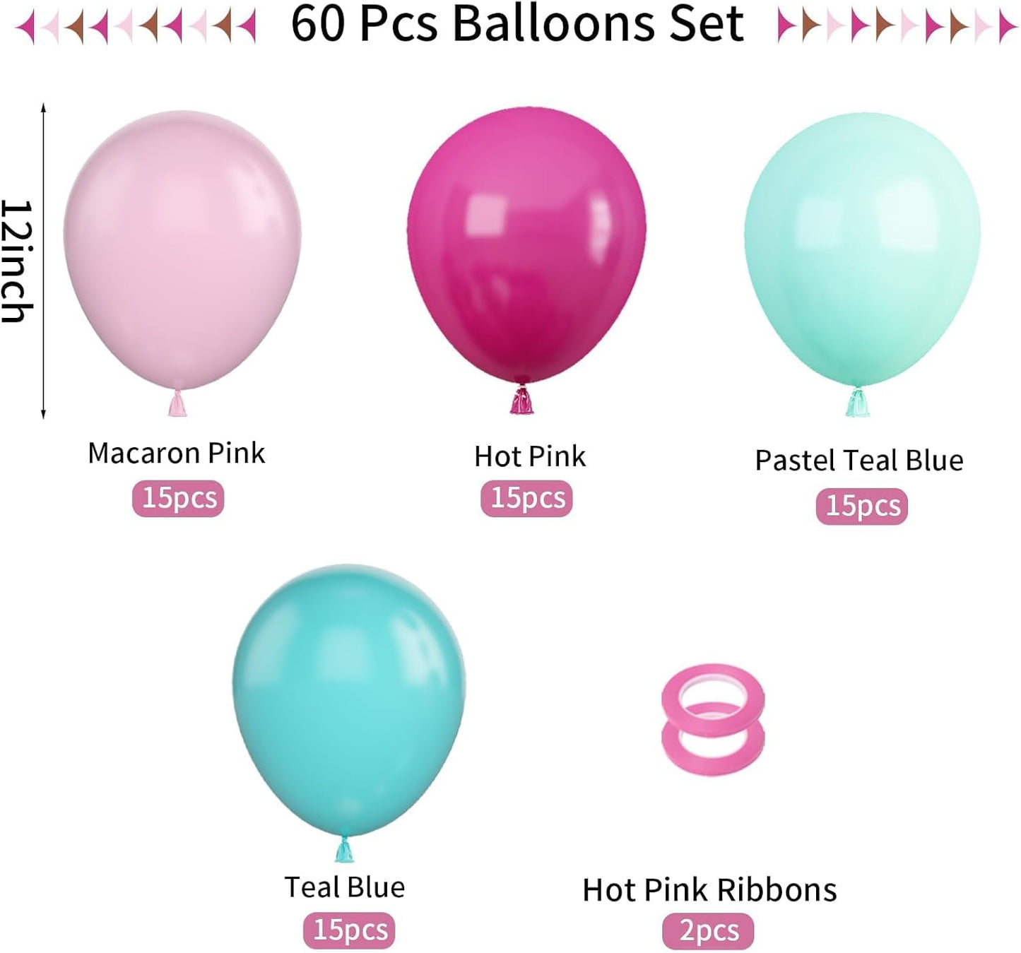 Pink Blue Balloons, 60Pcs Hot Pink Teal Blue Balloons, 12 Inch Hot Pink Confetti Helium Balloon Rose Red Turquoise Latex Balloon for Birthday Wedding Baby Shower Summer Flamingo Party Decorations