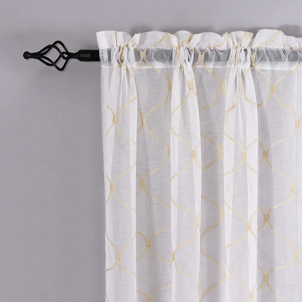 MYSTIC-HOME Embroidery Gold Sheer Curtains 84 Inches Long, Rod Pocket Sheer Drapes for Living Room, Bedroom, 2 Panels, 52"x84", Semi Crinkle Voile Window Treatments for Yard, Patio, Villa, Parlor.
