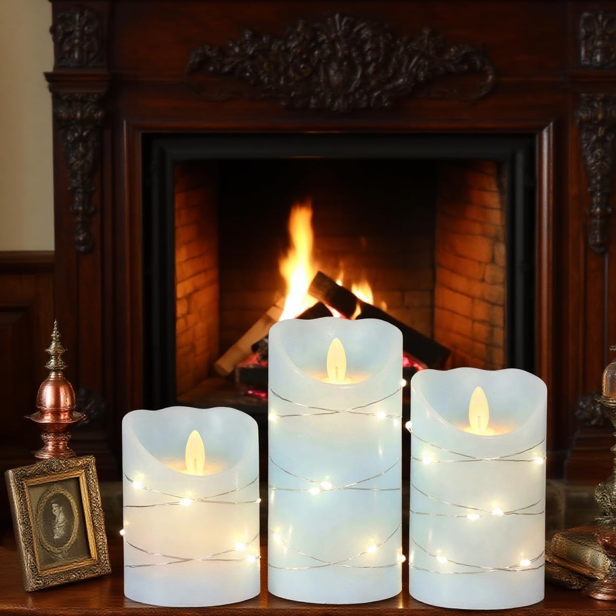 Silverstro Nautical Flameless Candles with String Lights Flickering Blue Battery Operated Candles with Remote Control & Timer - Home Farmhouse Holiday Ocean Decor - Set of 3