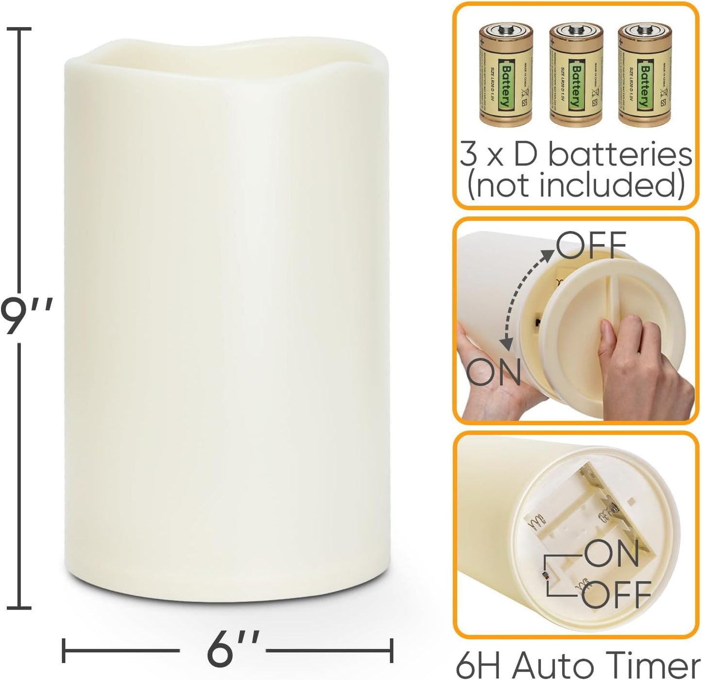 Homemory 6" x 9" Extra Large Outdoor Waterproof Candle with Auto 6-Hour Timer, No Remote, Ivory Plastic Made, Long Last for Half A Year