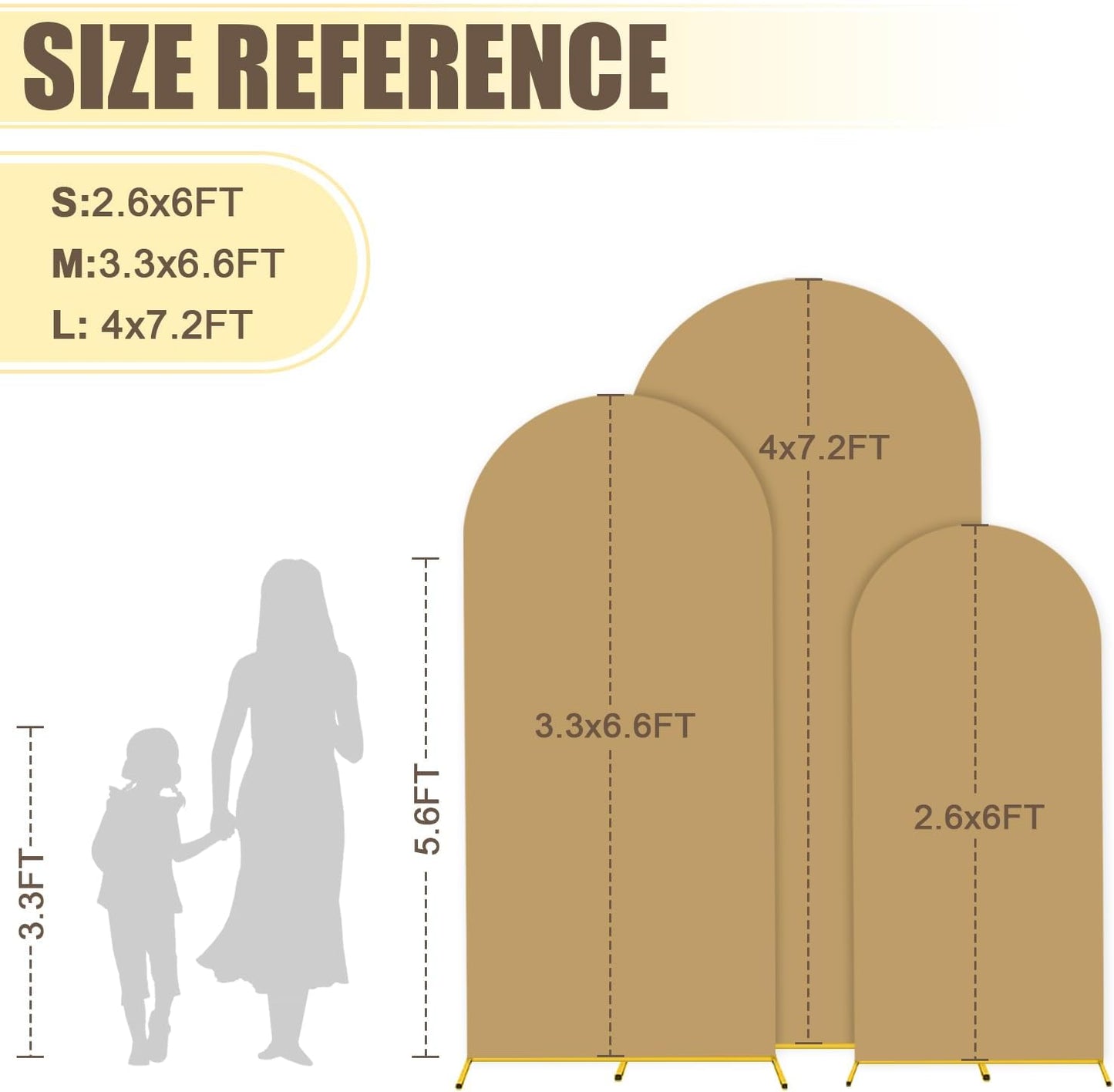MODFUNS Arch Backdrop Stand and Cover Set 6&6.6&7.2ft Khaki Arch Backdrop Covers Set of 3 Gold Arch Frame Spandex Arched Covers for Party Birthday Banquet Wedding Ceremony Decoration