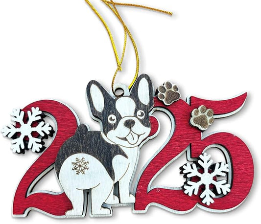 Boston Terrier 2025 Christmas Ornament – Wooden Dog Tree Decoration with Snowflakes & Paw Prints for Boston Terrier Lovers, Pet Owner Christmas Décor