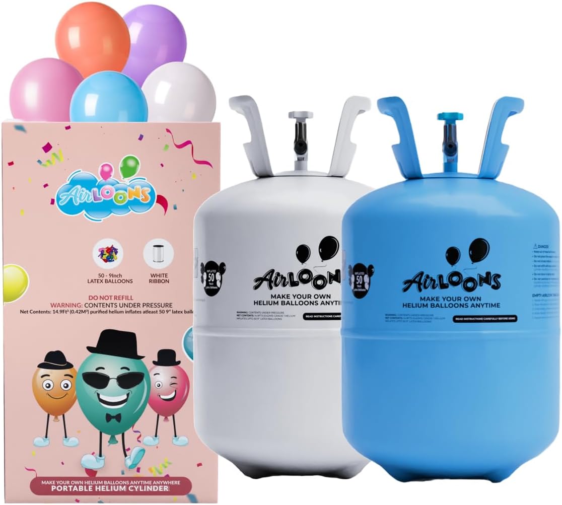 Airloons Helium Balloon Kit with 2 Pack 14.9 Cu Ft Tank - Includes 100 Multicolor 9 in Latex Balloons, Ribbon & Easy to Fill Nozzle - Easy Setup for Birthdays, Weddings, Baby Showers, DIY Party Décor