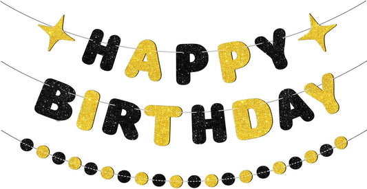 Black and Gold Happy Birthday Banner-Happy Birthday Decorations for Men Women Boys Girls Glitter Garland Birthday Sign for 30st 40st 50th 60st Party Decor, Backdrop Supplies