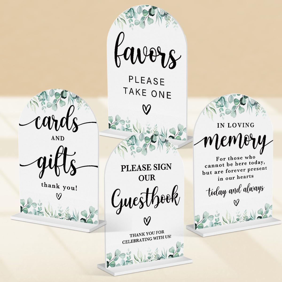 4 Pcs Acrylic Wedding Signs for Reception, Bridal Shower Decorations, Cards and Gifts Signs, Guest Book Sign, Arch Acrylic Table Top Sign with Holder for Wedding Reception (White Eucalyptus Leaves)