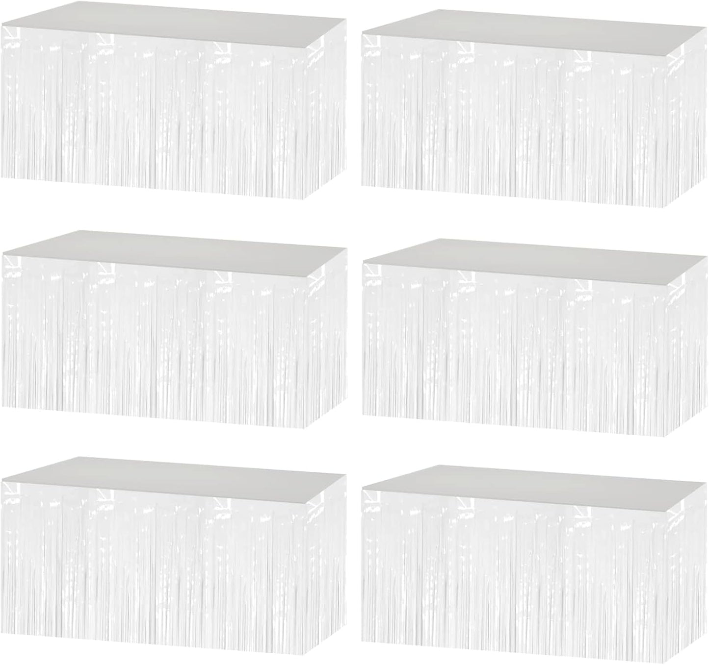 6 Pack 29x108 Inch Metallic Foil Fringe Tinsel Table Skirts Banner for Rectangle Tables Streamer Garland Curtains Backdrop for Wedding, Birthday, Parade Floats Party Decoration(White)