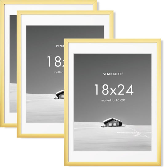 18x24 inch Picture Frame, 18x24 Photo Frames with 16x20 Removable Mat - High Definition Plexiglass - Vertical and Horizontal Display - Wall Hanging Poster Frame - Gold, 3 Pack
