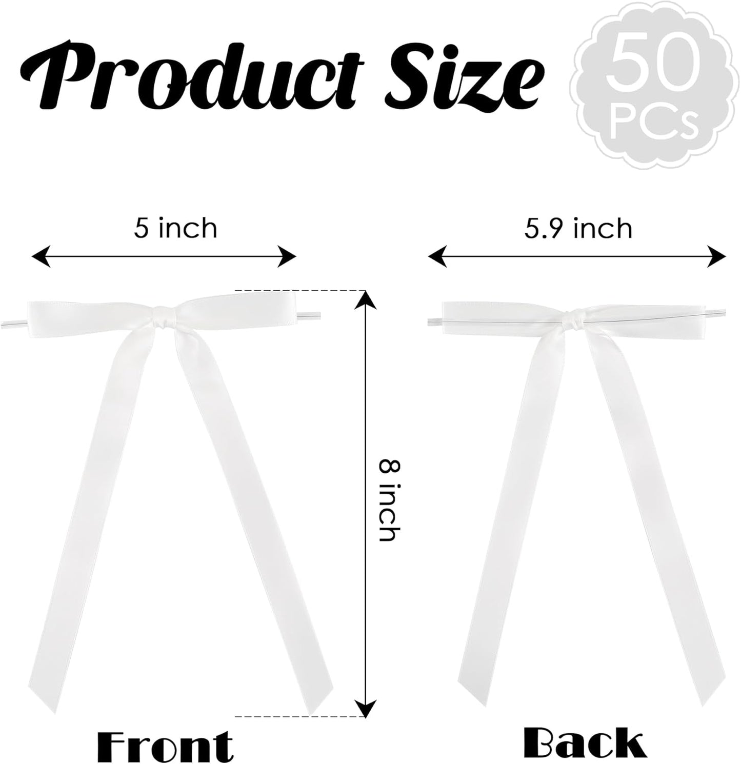 50 PCs White Bow 5 Inch Long Tail Bows for Gift Wrapping, Easter Bow Party Decorations, Twist Tie Bows, Satin Bows for Crafts, Premade Bows for Presents, Treat Bags, Bottles, Cakes