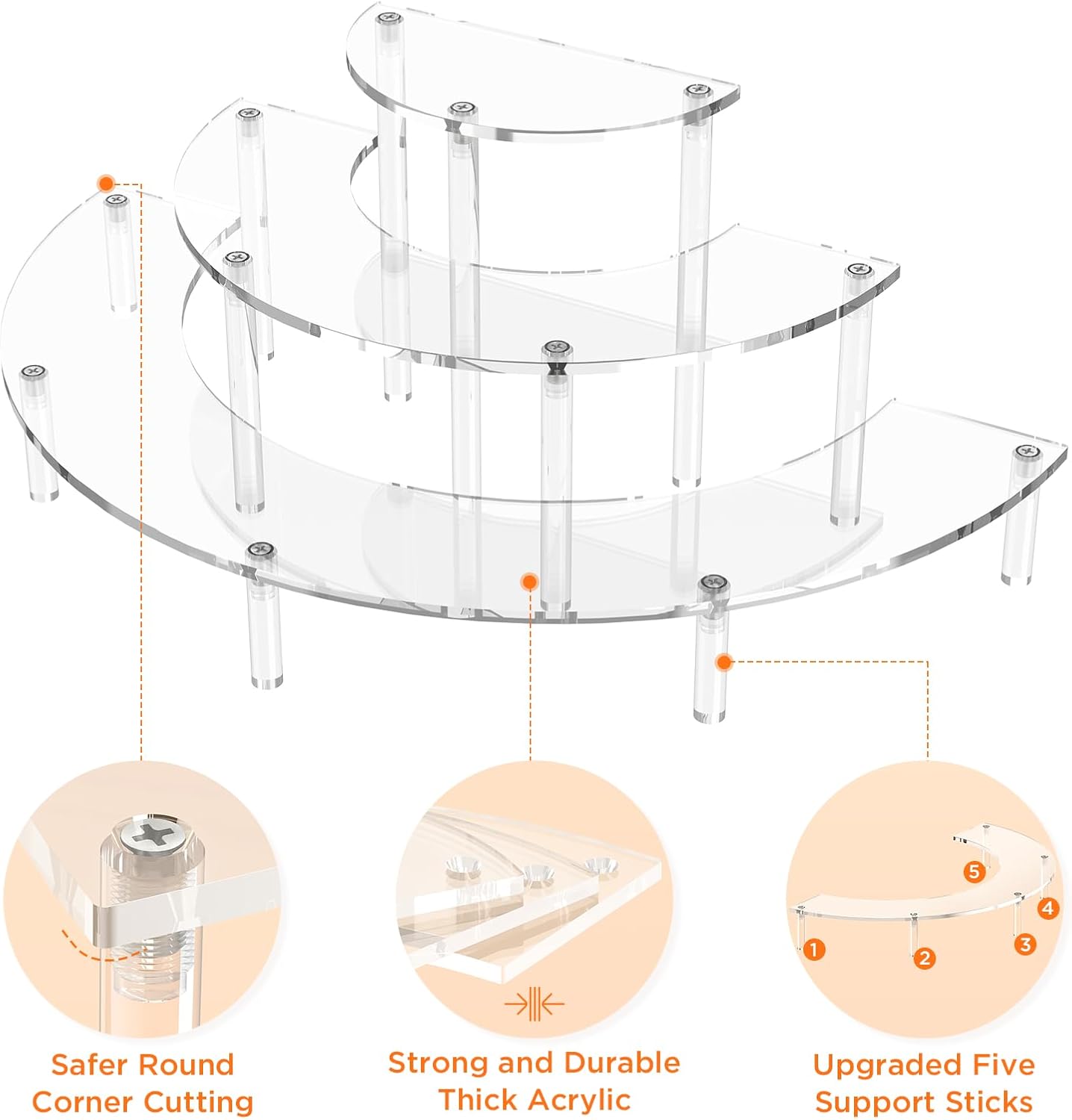 3 Tier Acrylic Display Risers 2 Pack, Half Moon Cupcake Stand, Clear Perfume Organizer, Dessert Stand for Display, Clear Display Stand for Food, Cupcake, Perfume, Collections