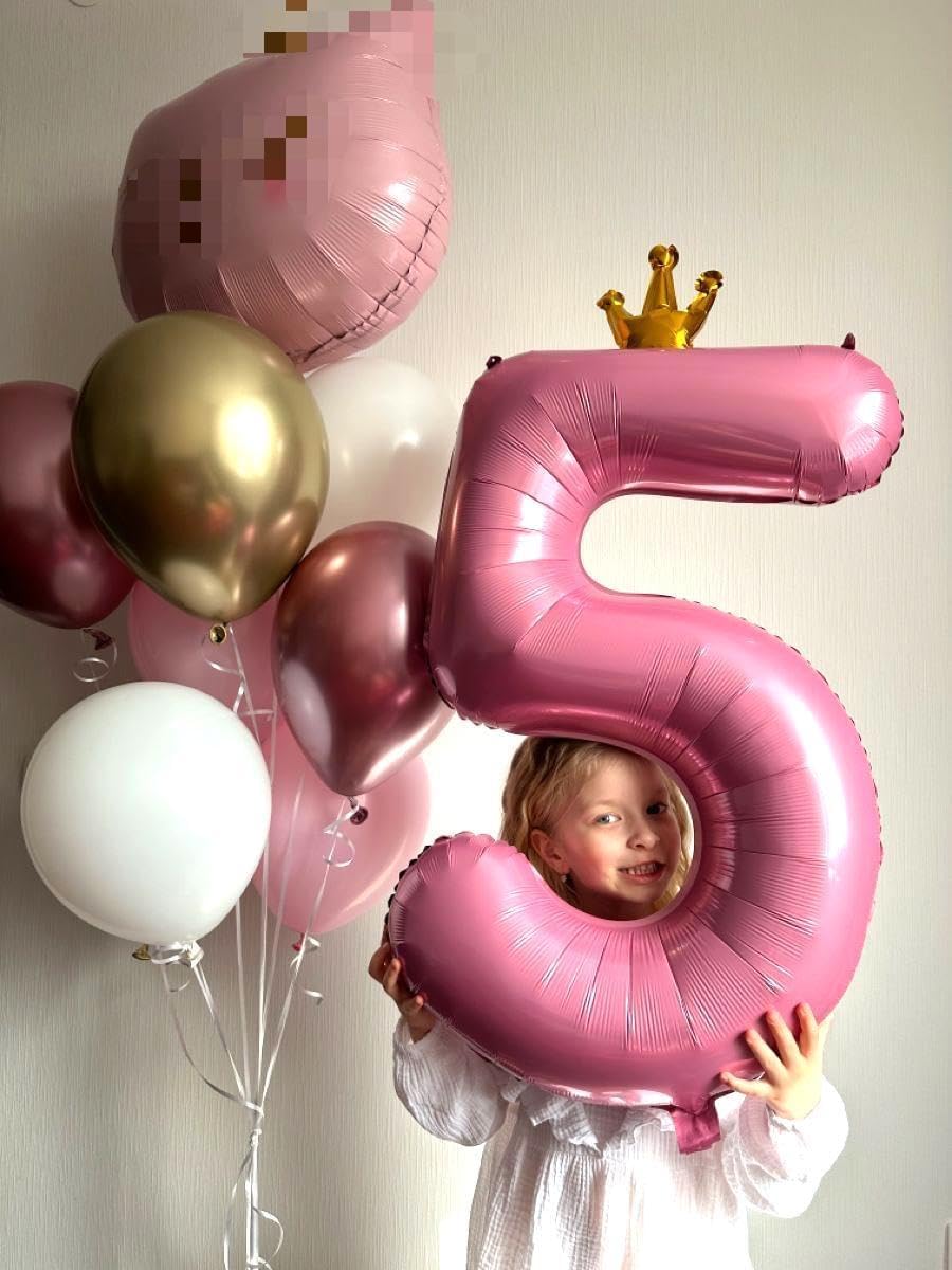 Large Pink Crown 40 Inch Birthday Number 5 Balloon, Pink Crown Five 5th 15 25 35 50 55 Birthday Anniversary Celebration Decorations, Foil Mylar Helium Numbers 5 Balloons Girl Boy Party Supplies