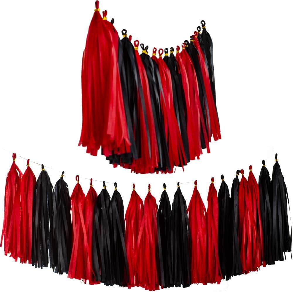 Aimto 20pcs Black and Red Shiny Tassel Garland Banner Tissue Paper Tassels for Party Decorations