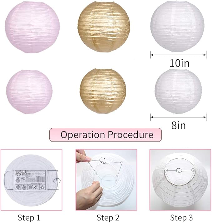 Pink and Gold Party Decorations, Pink Gold Paper Lanterns and Pom Poms Flowers for Birthday Baby Showers Engagement Tea Party Decor 15 Pieces