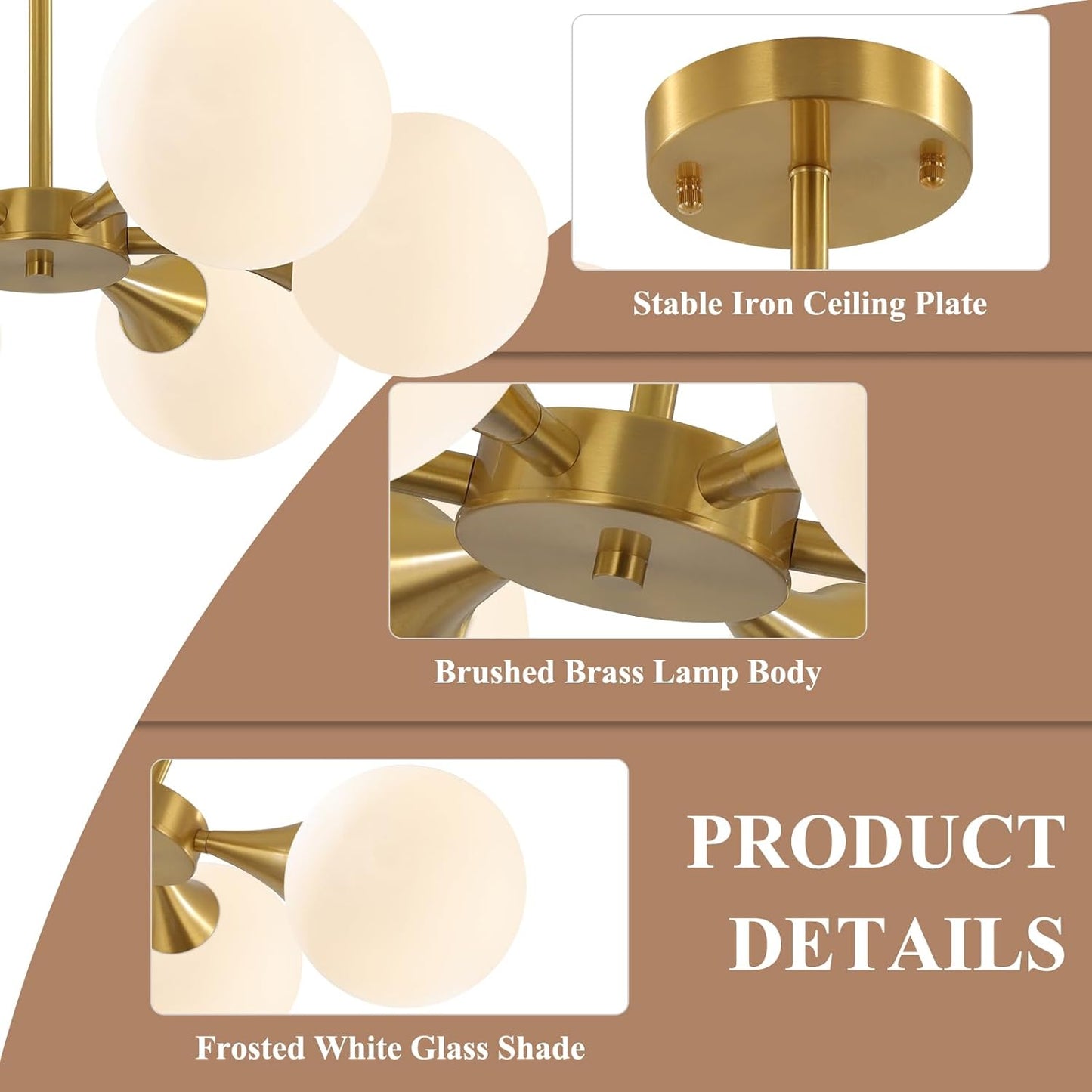 KCO Lighting Brushed Gold Sputnik Flush Mount Ceiling Light Mid Century Modern Overhead Ceiling Light 6-Lights Milk Glass Globe Semi Flush Mount Ceiling Light Fixture