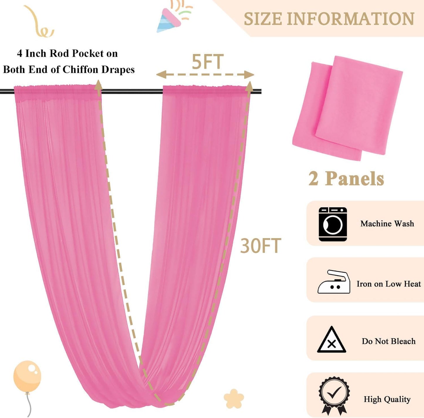 MODFUNS Pink Wedding Drapes 5x30ft 2 Panels Wedding Arch Draping Fabric Chiffon Semi Sheer Drapery Curtain Ceiling Covering Fabric for Party Banquet Decorations