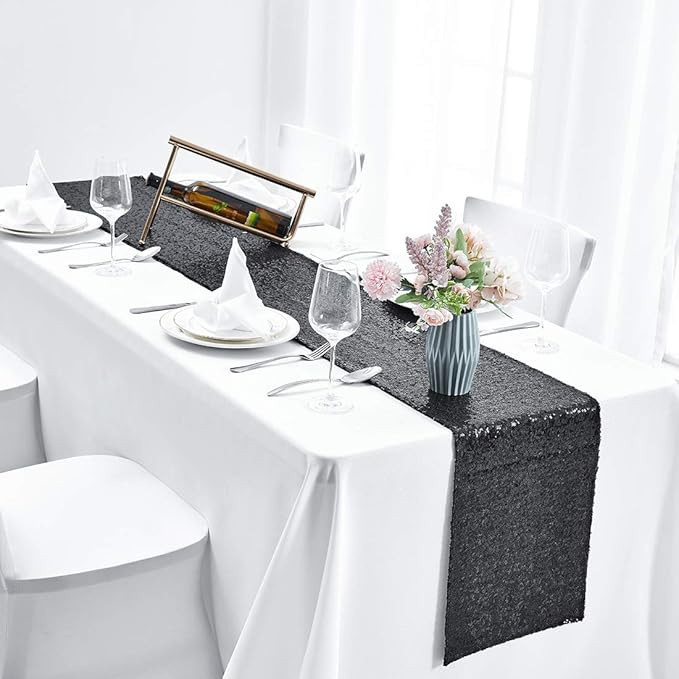 6 Packs 12 x 72 inches Black Sequin Table Runner, Glitter Runner for Birthday Party Supplies Decorations Wedding Bachelorette Holiday Celebration Bridal Shower Baby Shower