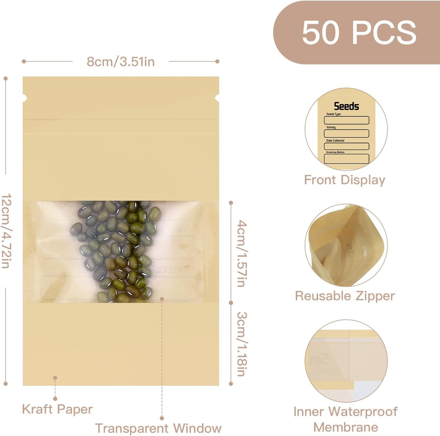 Seed Organizer Binder with 50 PCS Resealable Seed Envelopes - 50 Storage Pockets, 3.5x5 Inch Clear Sleeves, Seed Saver for Garden Lover - Cyan