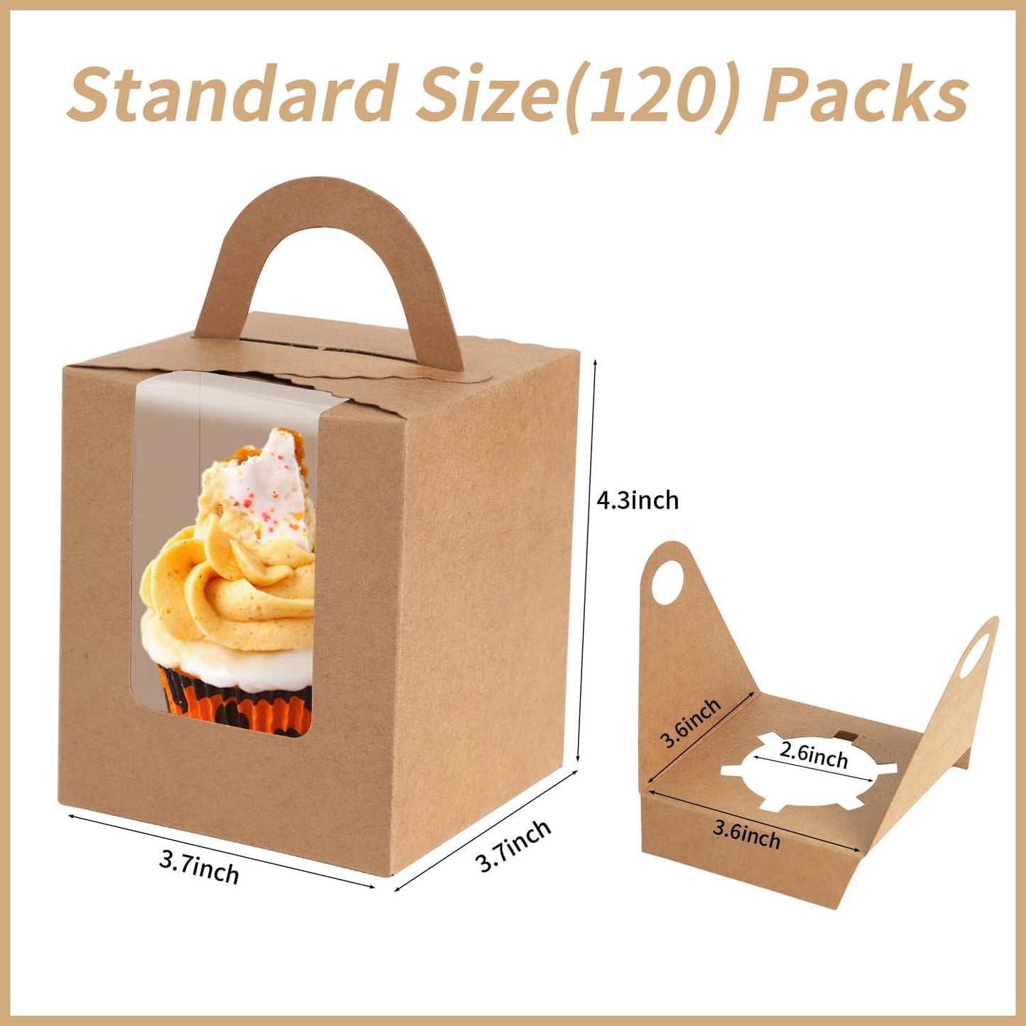 JCD Cupcake Boxes Kraft Paper, 120pcs Portable Cupcakes Holder Containers,Individual Cupcake Container Brown with Window Insert and Handle, Pastry Box Muffins Holder for Bakery Wrapping (Brown/120Pcs)