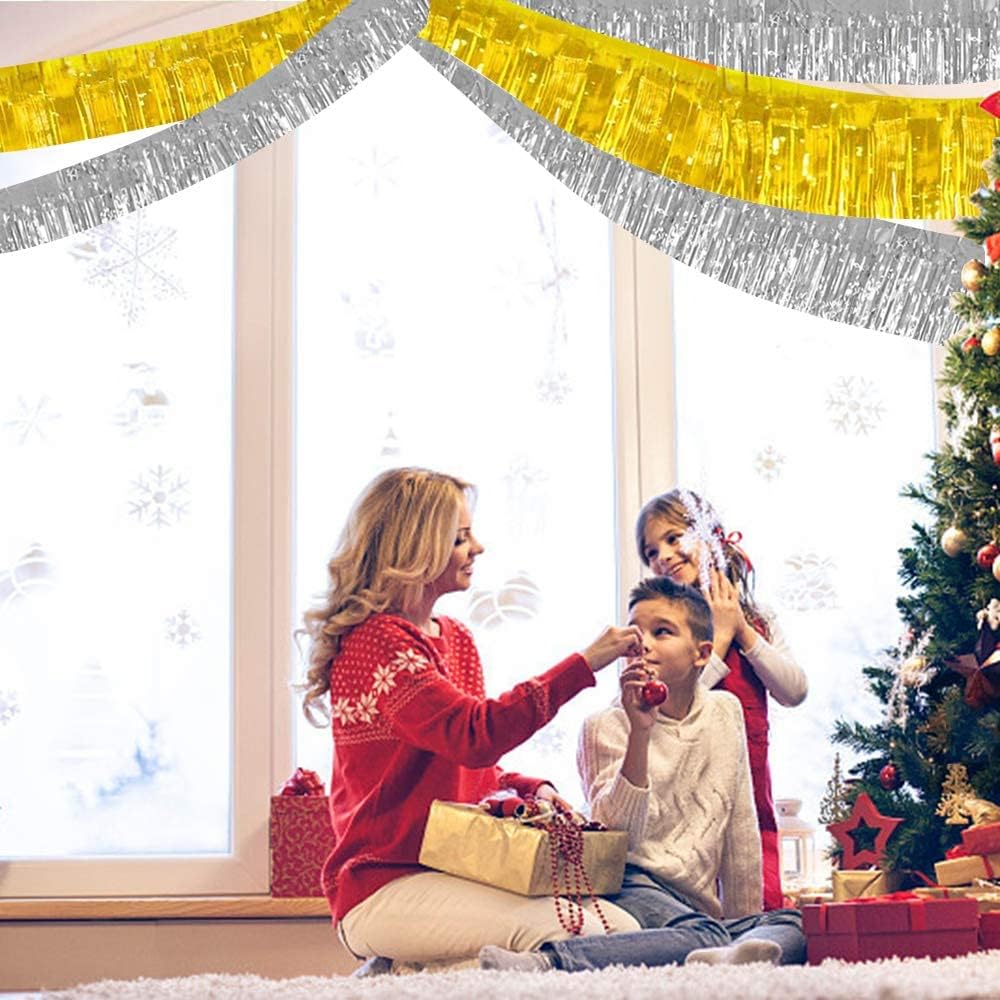 BEISHIDA 3 Packs 30 Feet Metallic Foil Fringe Garland Tinsel Streamers，Shiny Gold Wall Hanging Tinsel Fringe Banners for Wedding Birthday Party Decoration Halloween Christmas New Year