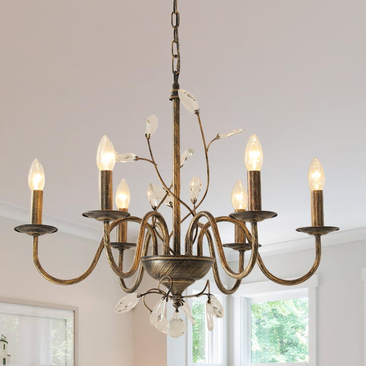 Farmhouse Crystal Chandelier,26 Inch Modern Flower Branch Oil-Rubbed Bronze Rustic Vintage Hanging Pendant Ceiling Light Fixture for Living Room Dining Room Bedroom Foyer Entryway