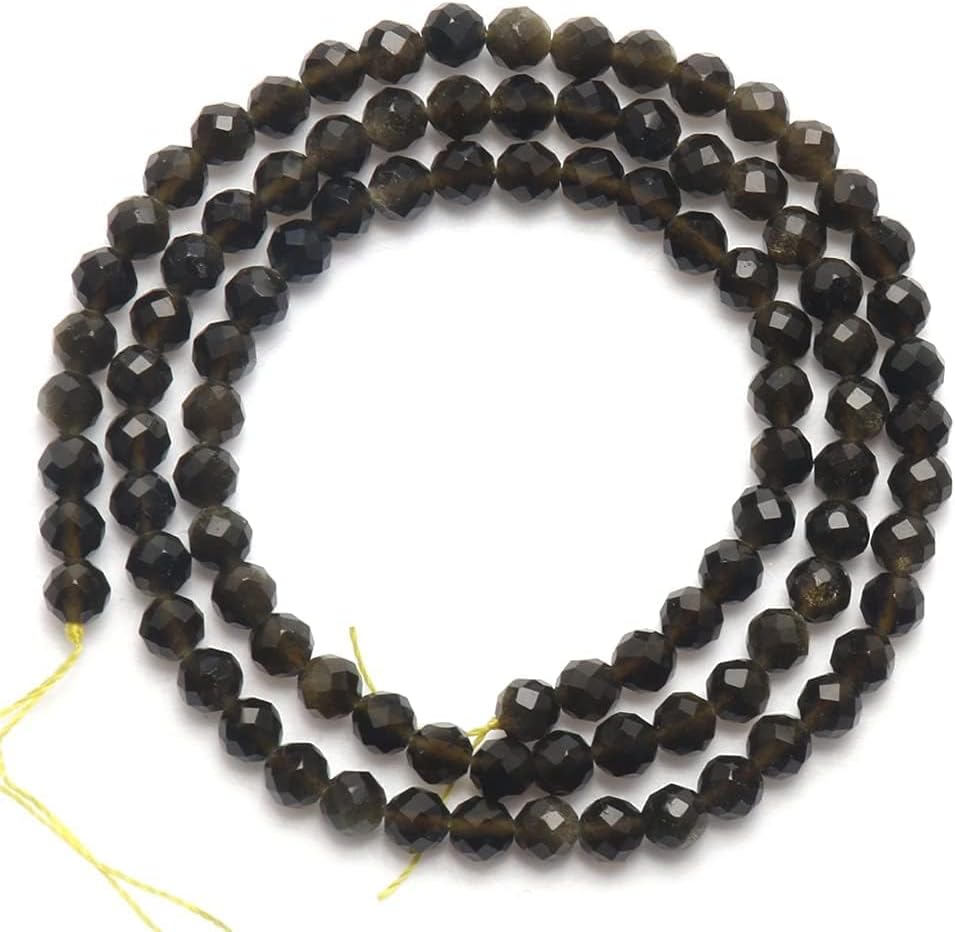 Song Xi 90pcs 4mm Natural Gold Obsidian Gemstone Beads Faceted Round Loose Stone Beads for Jewelry Making