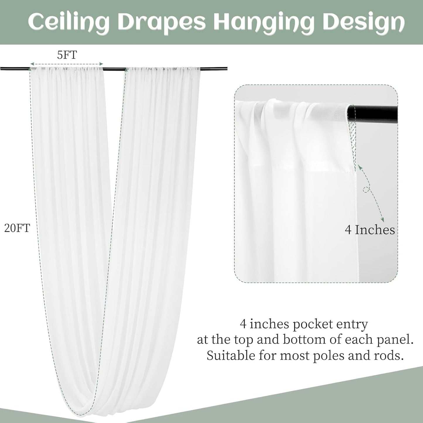 6 Panels White Ceiling Drapes 5ftx20ft Extra Long Wedding Ceiling Drapes Chiffon Fabric Arch Draping Sheer Curtains Soft Drapery Draping Wedding Ceiling Decorations for Party Ceremony Stage Swag