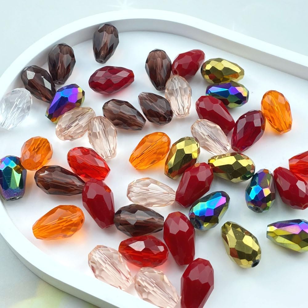 40pcs 10x15mm Teardrop Crystal Glass Beads Vertical Hole Faceted Loose Spacer Beads for DIY Craft Jewelry Making Necklace Bracelet Earring Wind Chimes(Red Series)