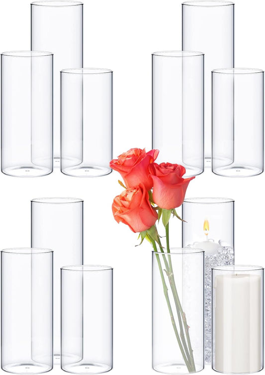 Sawysine 12 Pcs Glass Cylinder Vases 2.5''/2.95''/3.9'' Diameter Clear Flowers Vase Hurricane Floating Candles Holders for Table Centerpieces (3.9 x 8 in,3.9 x 10 in,3.9 x 12 in)