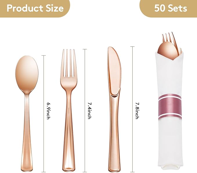 Goodluck 50 Pack Pre Rolled Rose Gold Plastic Silverware, Wrapped Plastic Cutlery Set with Napkin Include 50 Forks, 50 Knives, 50 Spoons and 50 Napkins, Fancy Disposable Silverware for Party, Wedding