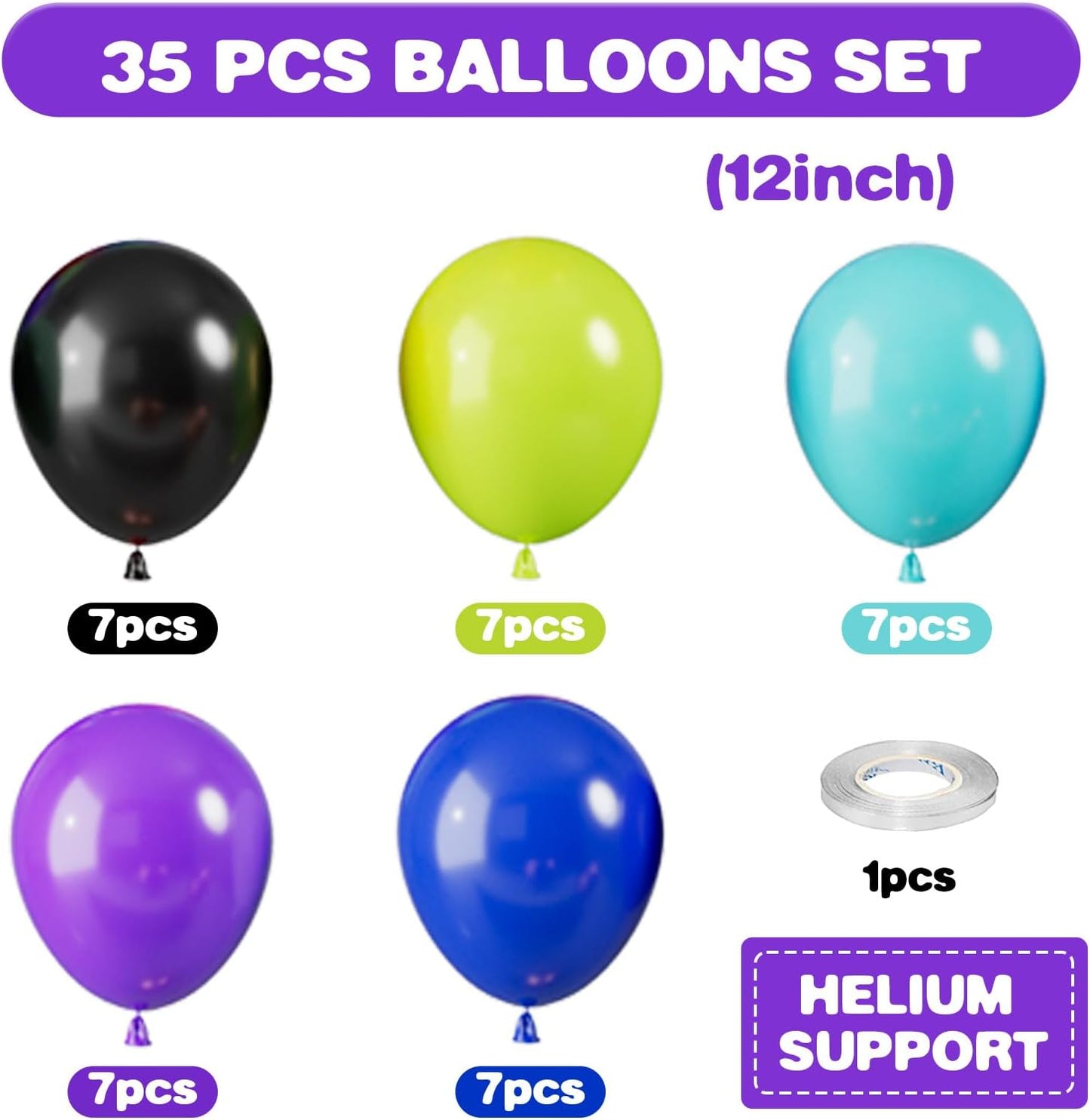 Green Purple Blue Balloons, 12 Inch Purple Green Teal Black Latex Balloons, Royal Blue Helium Support Balloon for Boys Girls Monster Theme Birthday Baby Shower Video Game Party Decorations